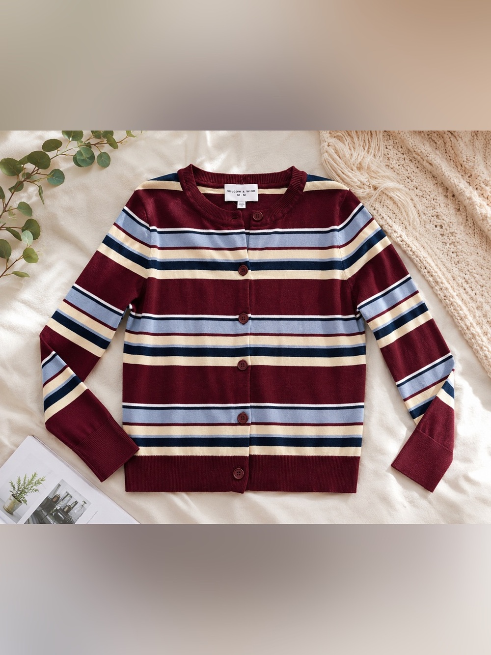 Willow & Wind Burgundy Striped Cardigan Sweater Button Front Crewneck Size M
